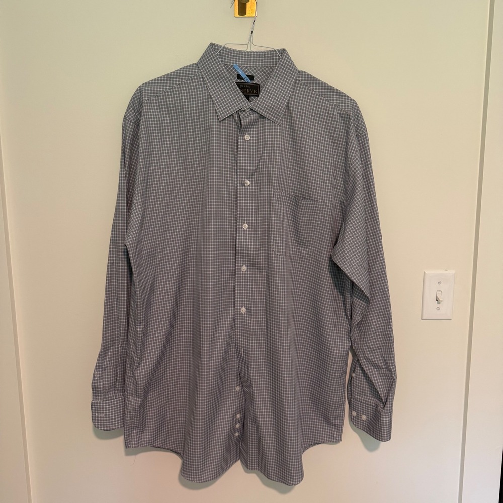 Jos A Bank Reserve Mens 17.5 37 Blue White Micro Check Egyptian Cotton Shirt